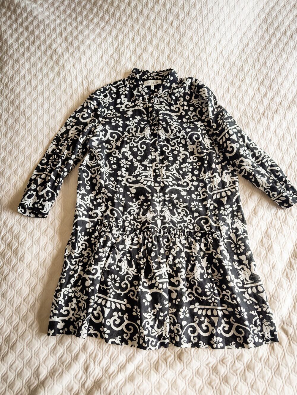 Saloni Long-sleeve shirt dress Black & White folk print 100% Linen US 10 UK 14